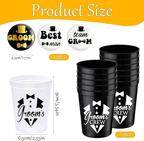 Lot de 12 verres à liqueur avec 12 boutons pour décoration JGA, accessoires d'enterrement de vie de jeune fille, bachelor, mariage, fête, verre à liqueur et badges, gobelet en plastique Team Groom - Nail Gallerys