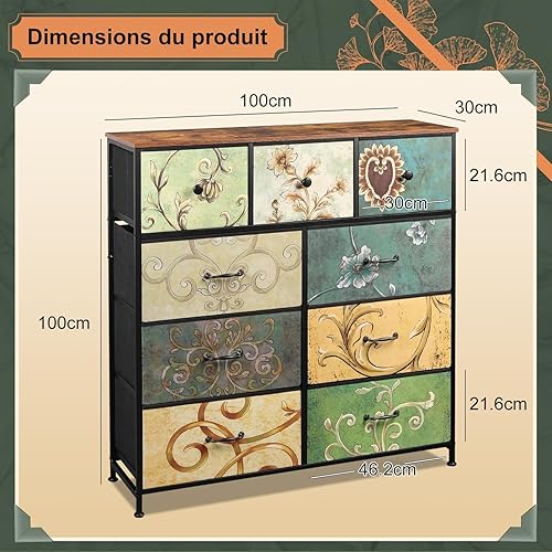 Commode à 9 tiroirs pour chambre,armoire industrielle, cadre en métal, tiroirs en tissu,Meuble de Grand Espace Tiroirs de Rangement avec Dessus en Bois pour Placard,pour salon,chambre d'enfant,couloir - Nail Gallerys