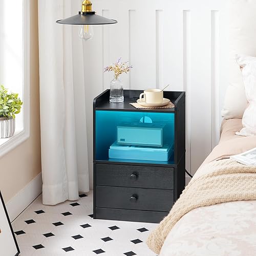 HOOBRO Table de Chevet avec Bande LED, Station de Charge, Table d’Appoint avec 2 Tiroirs, pour Chambre, Salon, Moderne, Blanc EWT28CDBZ01 - Nail Gallerys