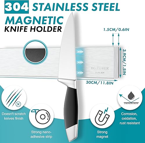 HG Power Porte-Couteaux, Barre à Couteaux Aimantée Acier Inoxydable Magnétique pour Support ustensiles de Cuisine et Outils, 30cm (Argent) - Nail Gallerys