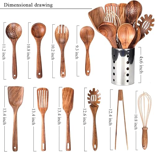 Ensemble d'ustensiles de cuisine avec support, ustensiles de cuisine en bois pour la cuisine, ustensiles en bois de teck naturel pour la cuisine, ensemble d'ustensiles de cuisine en bois avec spatule - Nail Gallerys