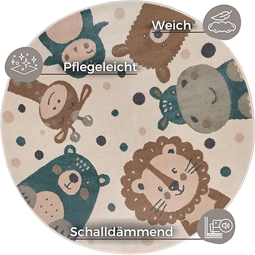 Hanse Home Adventures Tapis Rond pour Enfant - Motif Animaux Lion et Ours - pour Chambre d'enfant, Salle de Jeux, Chambre d'adolescent, Salon - Crème/Marron/Bleu - 100 cm - Nail Gallerys
