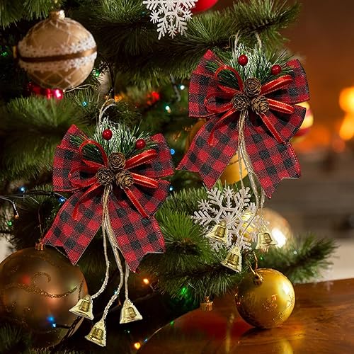 Ruban de pointe pour sapin de Noël, grand nœud avec sapin artificiel et ornement de cloche de Noël - Décoration rustique pour porte d'entrée de ferme pour les vacances d'hiver - Nail Gallerys
