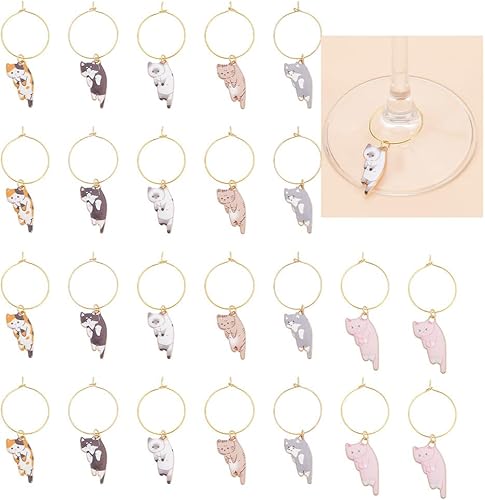 GOMAKERER 24pcs 6 styles Breloques à Vin Chat, Marqueurs de Vin en Laiton Plat pour Chat Identifiant de Boisson Animale avec Breloques en Verre en Alliage pour Dégustation de Vin, Cadeaux de Fête - Nail Gallerys