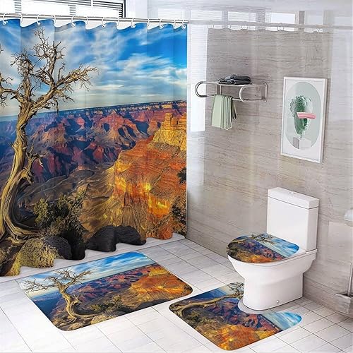 Lot de 4 rideaux de douche avec tapis de bain, imperméable ensemble d'accessoires de salle de bain, Belle Automne Forêt Feuilles Tombées Chemin , tapis en forme de U et housse d'abattant de toilette - Nail Gallerys