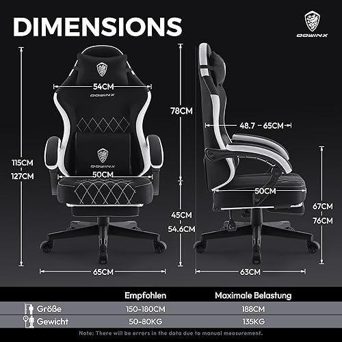 Dowinx Chaise de Gaming en Tissu avec Coussin de Printemps, Soutien Lombaire et Repose-Pieds pour Adultes, Fauteuil de Jeu Ergonomique, Grand et Haut, pour Jeux de Bureau, 135 kg, Noire - Nail Gallerys