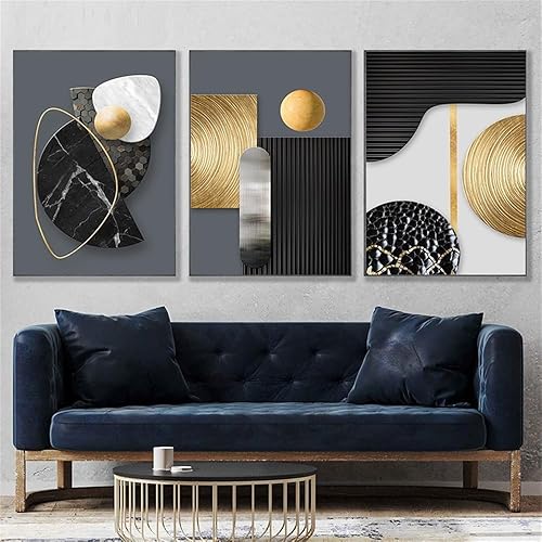 Décoration Murale, Lot de 3 Affiches et Impressions Abstraites Avec Lignes Dorées et Texture Marbre Toile Noire Moderne Décoration Murale pour Salon Cuisine Bureau Maison/60*80Cm (Sans Cadre) - Nail Gallerys
