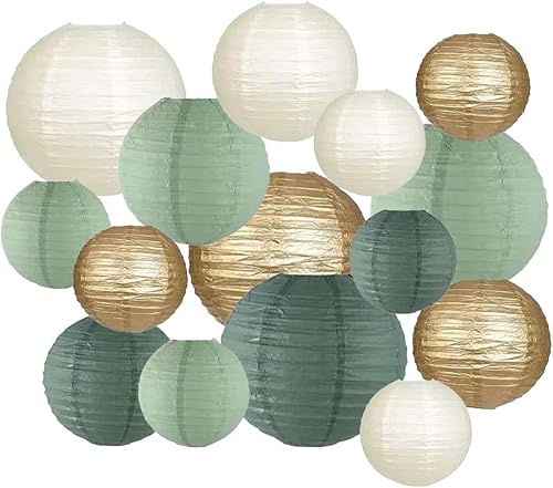 Auriselle Lot de 15 lanternes Rondes suspendues en Papier - Vert Sauge Eucalyptus, polyvalentes pour Le Jardin, Les Mariages et Les espaces extérieurs - Faciles à Installer, durables et résistantes - Nail Gallerys