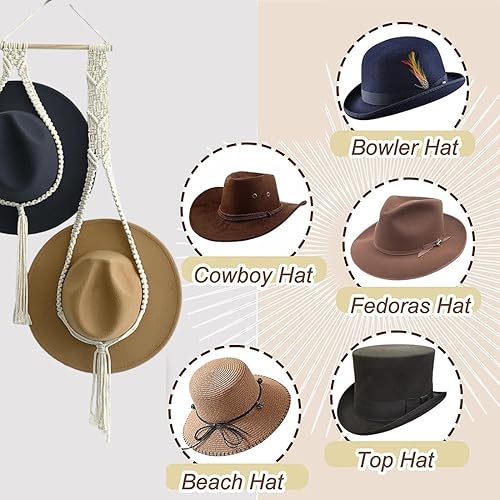 Cintres muraux bohèmes pour Chapeaux - Organiseur de Chapeau - Support de Rangement en macramé - Porte-Chapeaux bohème pour Femme - Style à Deux Chapeaux pour Casquettes à Large Bord - Nail Gallerys