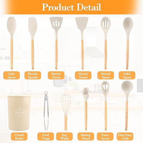 12 Pièce Ustensiles de Cuisine en Silicone Ustensiles Cuisine avec Porte-Ustensiles, Kit Cuisine Sans BPA AntiadhéSifs, Ensemble Ustensiles De Cuisine Avec PoignéE En Bois, Ustensiles de Cuisine Set - Nail Gallerys