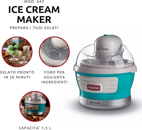 Ariete 643 Sorbetière Party Time, Sorbetière, 12W, Capacité 1,5 L, Panier amovible à double isolation, Temps de préparation 30 minutes, Couvercle pour ajouter les ingrédients, Bleu ciel - Nail Gallerys
