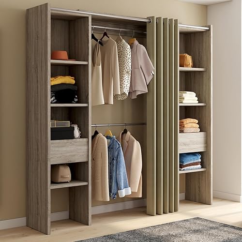 IDMarket - Dressing Extensible Double Meryl 120/180 x 50 x 180 cm hêtre avec étagères + Double penderie + Rideau Taupe - Nail Gallerys