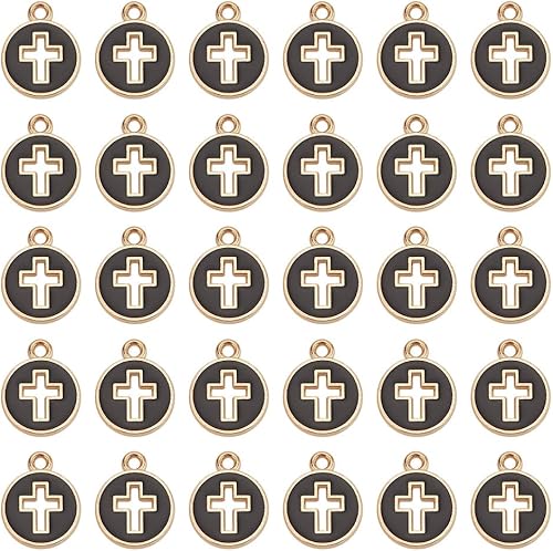 arricraft Environ 100 breloques Croisées Plates et Rondes en Émail. Pendentifs à Breloque Crucifix en Alliage Noir avec Bord Plaqué Or Clair Breloque Croisée Creuse pour la Fabrication - Nail Gallerys