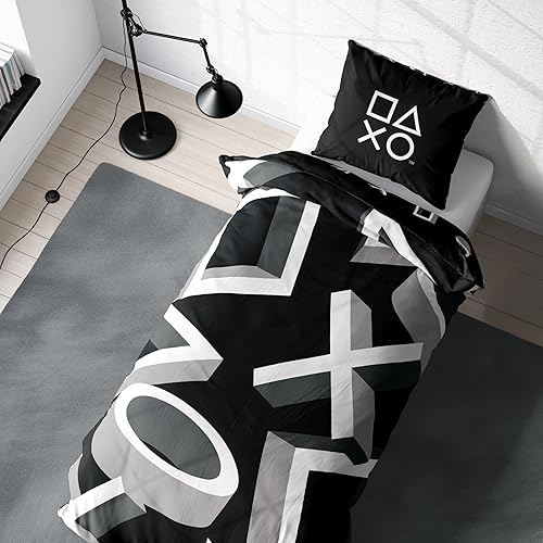 Parure de lit Playstation 135 x 200 cm - Idée cadeau - 1 taie d'oreiller 80 x 80 cm + housse de couette 135 x 200 cm - Avec fermeture éclair - Motif réversible - Article de fan Playstation Icons - Nail Gallerys