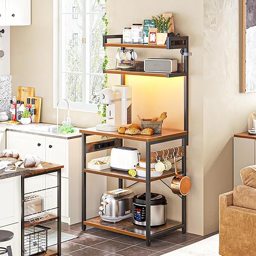 Coleshome Étagère de Cuisine avec Prise Électrique & LEDs, Étagère pour Machine à Café avec 5 Étagères et 5 Crochets, Meuble Micro-Ondes, Étagère de Rangement, 35x60x150 cm, Brun Rustique - Nail Gallerys