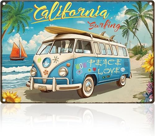 DOODLREAM Plaque en métal avec le motif « Summer California Surfing Bus » Décoration murale rétro Vacances à la plage Poster Art mural vintage Mer Maison Café Club Salle de bain Décoration - Nail Gallerys