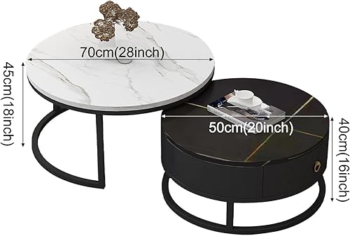 Ensemble de 2 tables basses gigognes rondes, ensemble de tables gigognes 2 en 1, avec tiroir de rangement, structure en métal à texture de marbre ardoise, table à thé pour la décoration de meubles - Nail Gallerys