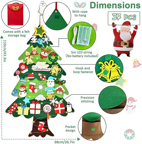 WEST STORY Sapin de Noël en Feutre pour Enfants, 3.3FT DIY Feutre Arbre De Noël, Feutre Arbre De Noël pour Enfants avec 30 Ornements & Lumineuse de 5m, Sapins De Noël DéCoration Murales Fenêtre Porte - Nail Gallerys