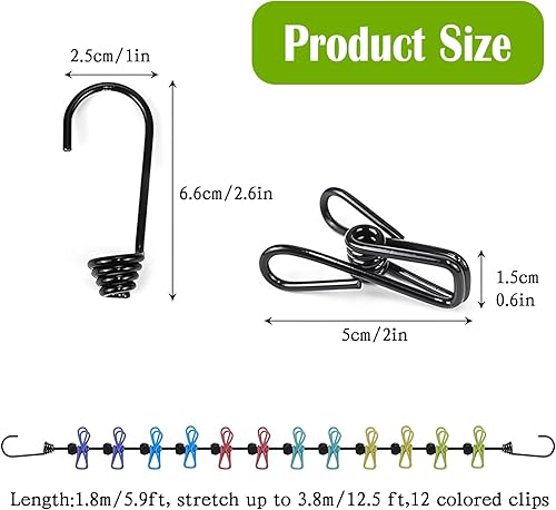 Corde à linge portable - Corde à linge élastique avec 12 pinces - Pour voyage, vacances, plein air, camping, dortoir (180-300 cm) - Nail Gallerys