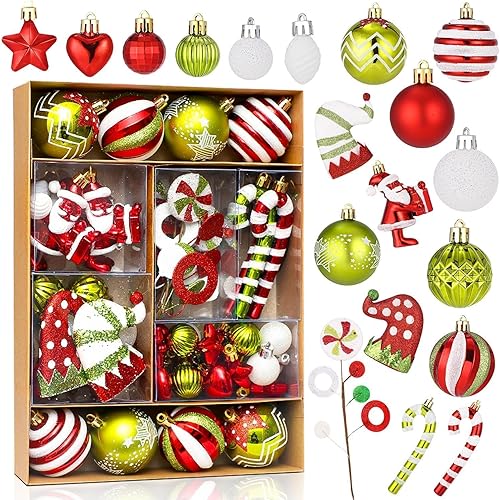 Boules de Noël 50 pièces Boules de Noël Décoration de Noël Boules de Noël en Plastique Boules de Noël Boules de Noël en Plastique Pendentif Elfes Set de décoration de Sapin de Noël Rouge Vert Blanc - Nail Gallerys