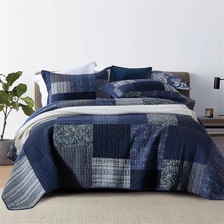Qucover Couvre-lit matelassé 100 % coton patchwork vintage et élégant fait main avec 2 taies d'oreiller assorties pour très grand lit, bleu foncé et gris, couleurs mélangées - Nail Gallerys