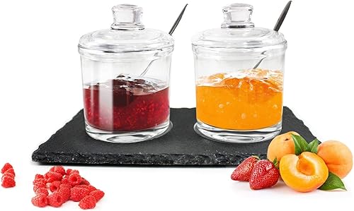 Lot de 2 pots à épices sur plateau en ardoise avec cuillère pour confiture, miel, sucre, sel, parmesan. - Nail Gallerys