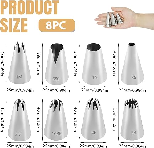 Douilles Patisserie 8pcs 25 mm Buses à Douille Réutilisables Douilles Gâteaux en Acier Inoxydable pour la Décoration Pâtisserie Cupcakes Muffins Tarte Cookies (1M,2D,1A,6B,580,108E,2F,R6) - Nail Gallerys