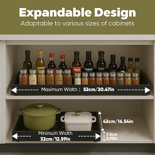 Memows Tiroir Coulissant Cuisine Adhesif Lot de 2 Tiroir Télescopique Cuisine Extensible, Rangement Coulissant Placard Cuisine Largeur Réglable de 32 à 52 cm, Organisateur D'Armoires De Cuisine, Noir - Nail Gallerys