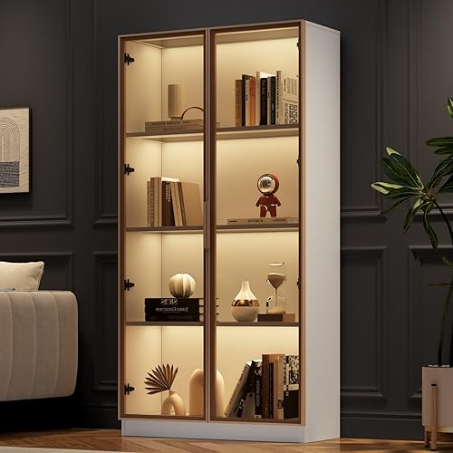 KOMHTOM Vitrine en Verre avec LED Vitrine pour Collection avec 2 Portes et séparateurs réglables, bibliothèque Meuble de Rangement pour Salon Chambre à Coucher Couloir (A) - Nail Gallerys