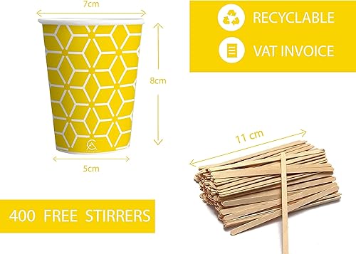 Caramont,7 Oz 400 Gobelets en Carton avec Agitateurs en Bois,Écologique et Jetables,Résistant à la Chaleur,pour la Boisson Froide et Chaude en Carton de Qualité,Ideal pour Café,Thé,Anniversaire,etc. - Nail Gallerys