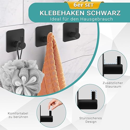 Tccbac Lot de 6 crochets adhésifs noirs - Crochets en acier inoxydable avec adhésifs 3M - Grande capacité de charge jusqu'à 10 kg - Étanche pour salle de bain, cuisine, salon (avec 6 tampons de - Nail Gallerys