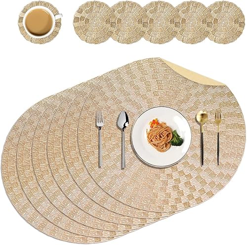 HEKOBAG Lot de 6 Sets de Table Rond, Set de Table PVC Lavable et 6 Pcs Dessous de Verre, Set de Table Vinyle Rond Imperméable et Antidérapant 38cm, Set de Table Plastique pour Table à Manger (Doré) - Nail Gallerys