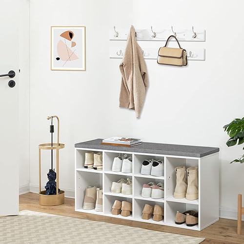 HOOBRO Banc à Chaussures, Banc de Rangement avec 10 Compartiments, Étagère à Chaussures, Porte-Manteau, 104 x 30 x 48 cm, Entrée, Couloir, Chambre, Blanc et Gris EWT110HX01 - Nail Gallerys