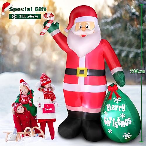8FT Père Noël Gonflable avec éclairage LED, Décoration Gonflable IP44 Résistante aux Intempéries, Figurine Géante du Père Noël avec Canne et Emballage Cadeau, Décoration pour Pardin, Pelouse, Cour - Nail Gallerys