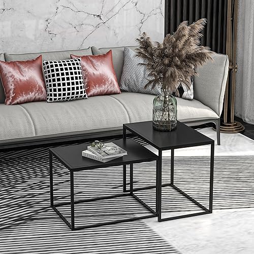 HOMCOM Lot de 2 Tables Basses gigognes, Lot de 2 Tables gigognes de Salon, modulables, en Acier, Style Industriel, Noir Mat - Nail Gallerys