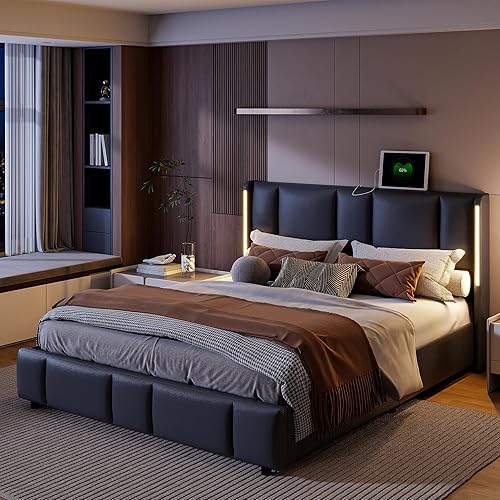 UnboxGermany Lit 160x200 cm avec éclairage LED et Rangement, Lit Coffre avec USB et Type C, Sommier à Lattes, lit 2 Personnes, PU, Noir - Nail Gallerys